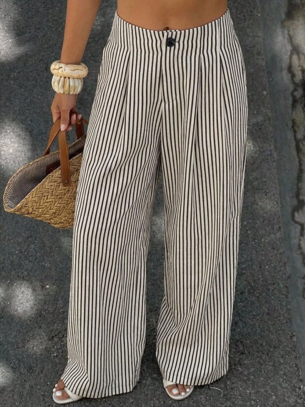 Black Casual Women's Striped Wide Leg Pants - Picture 4 of 9